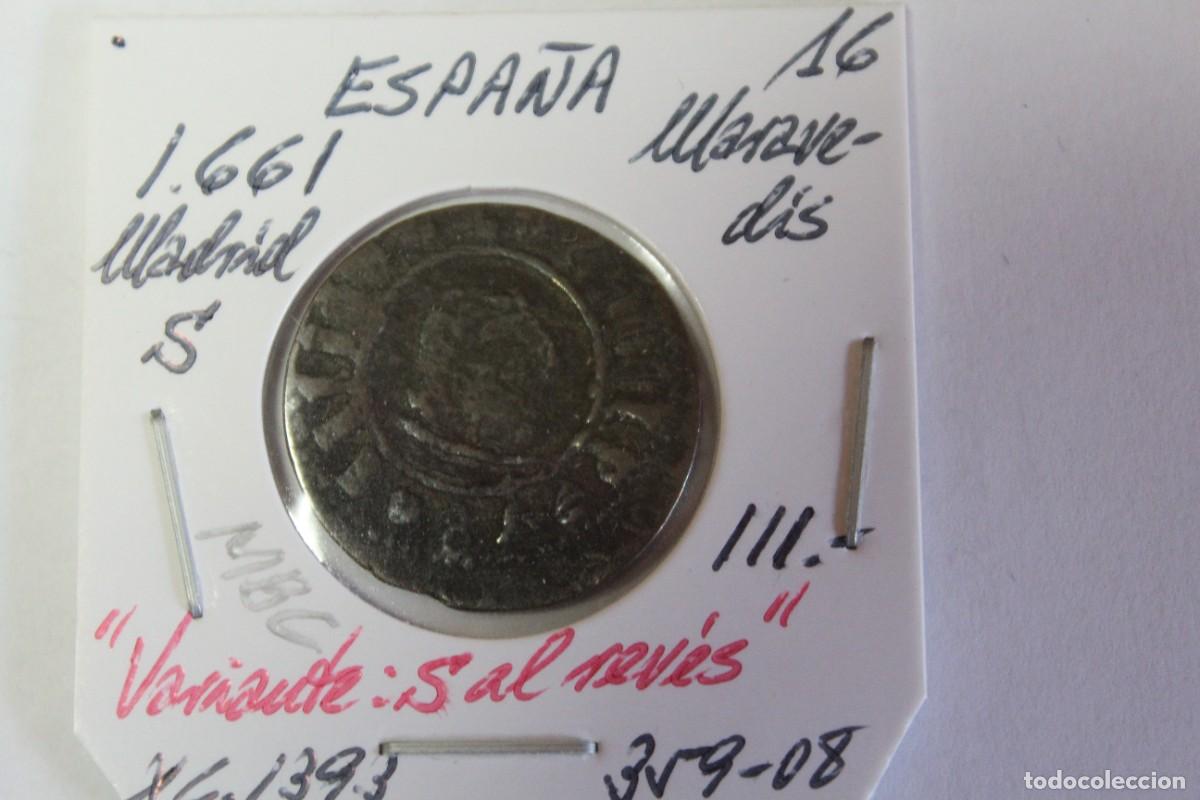 Coins of Spain: Moneda de 16 Maraved&iacute;s de 1661 S XC 139.3 MADRID en MBC, variante S al rev&eacute;s