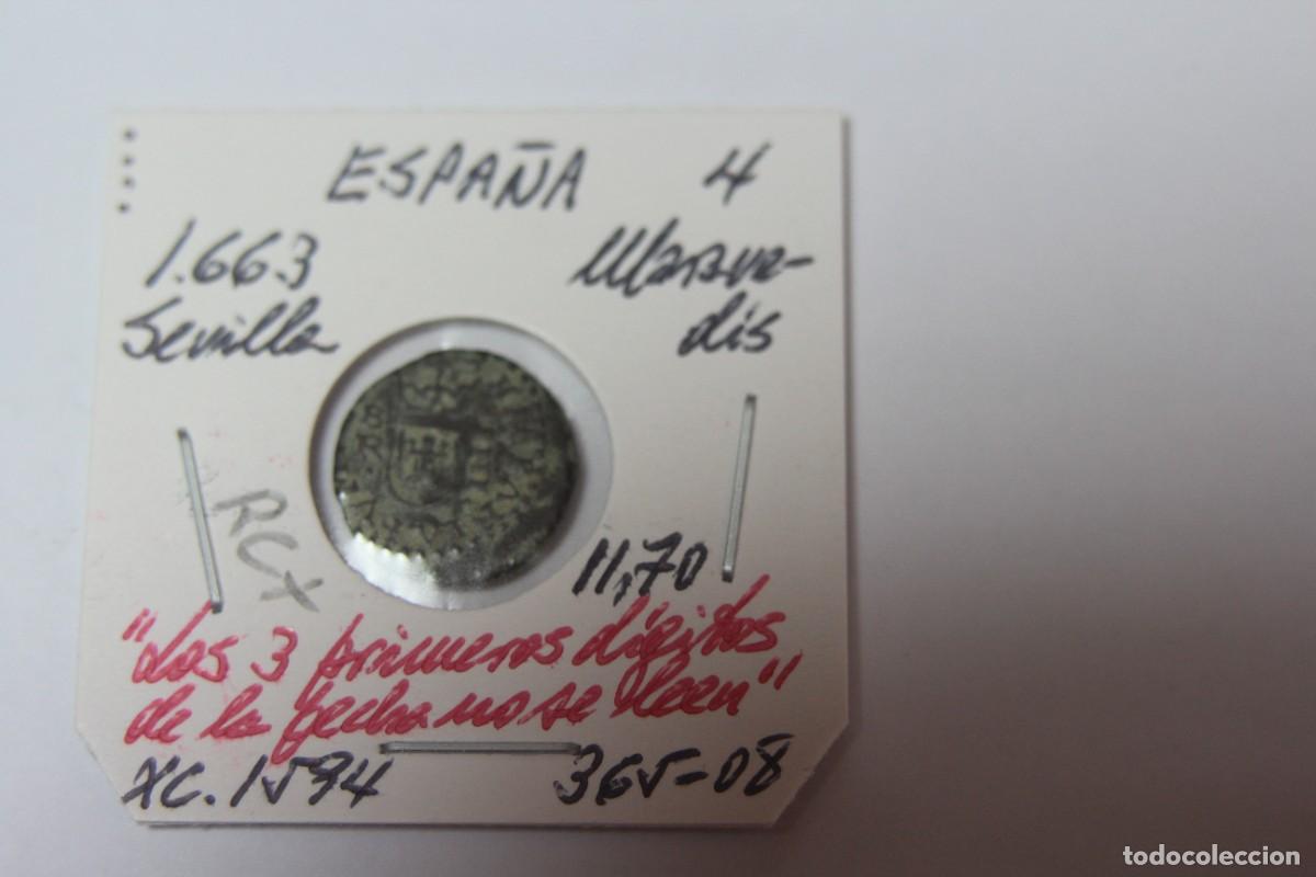 Monedas de Espa&ntilde;a: Moneda de 4 Maravedis de 1663 XC 1594 SEVILLA en RC+ - Foto 1