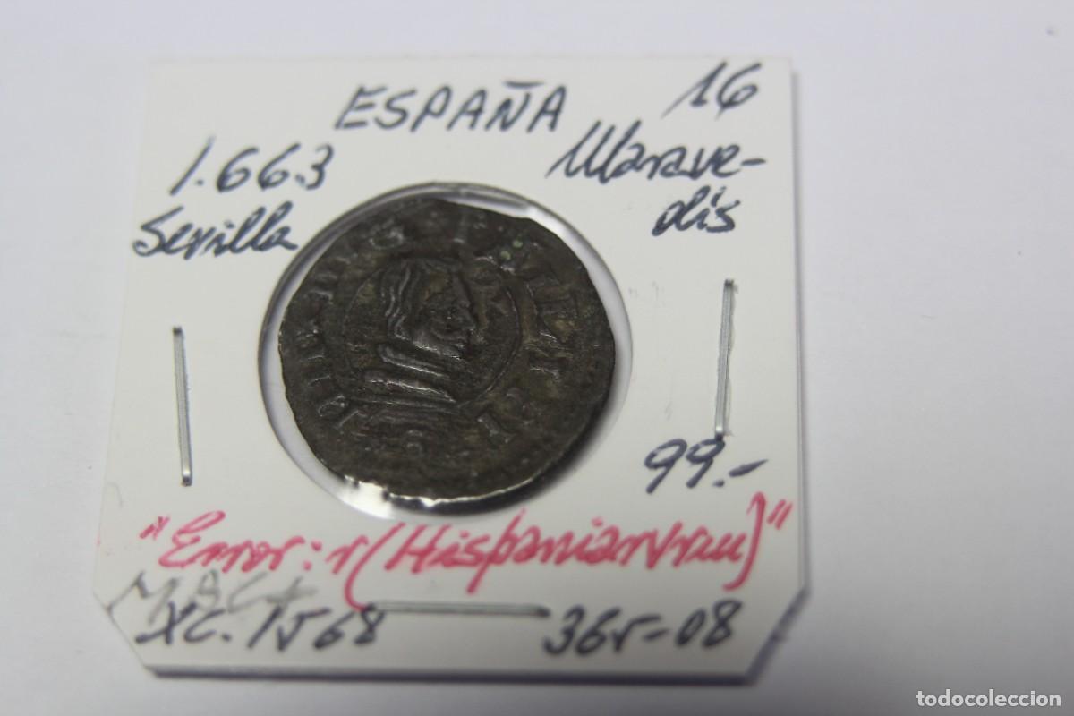Monedas de Espa&ntilde;a: Moneda de 16 Maraved&iacute;s de 1663 XC 1568 SEVILLA en MBC+, error en reverso Hispaniarum - Foto 1