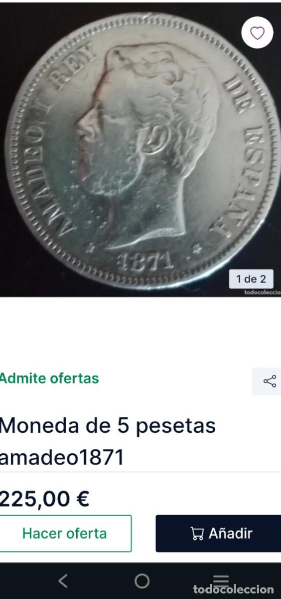 Monedas de Espa&ntilde;a: Moneda de plata amadeo 1871. 5 pesetas - Foto 1