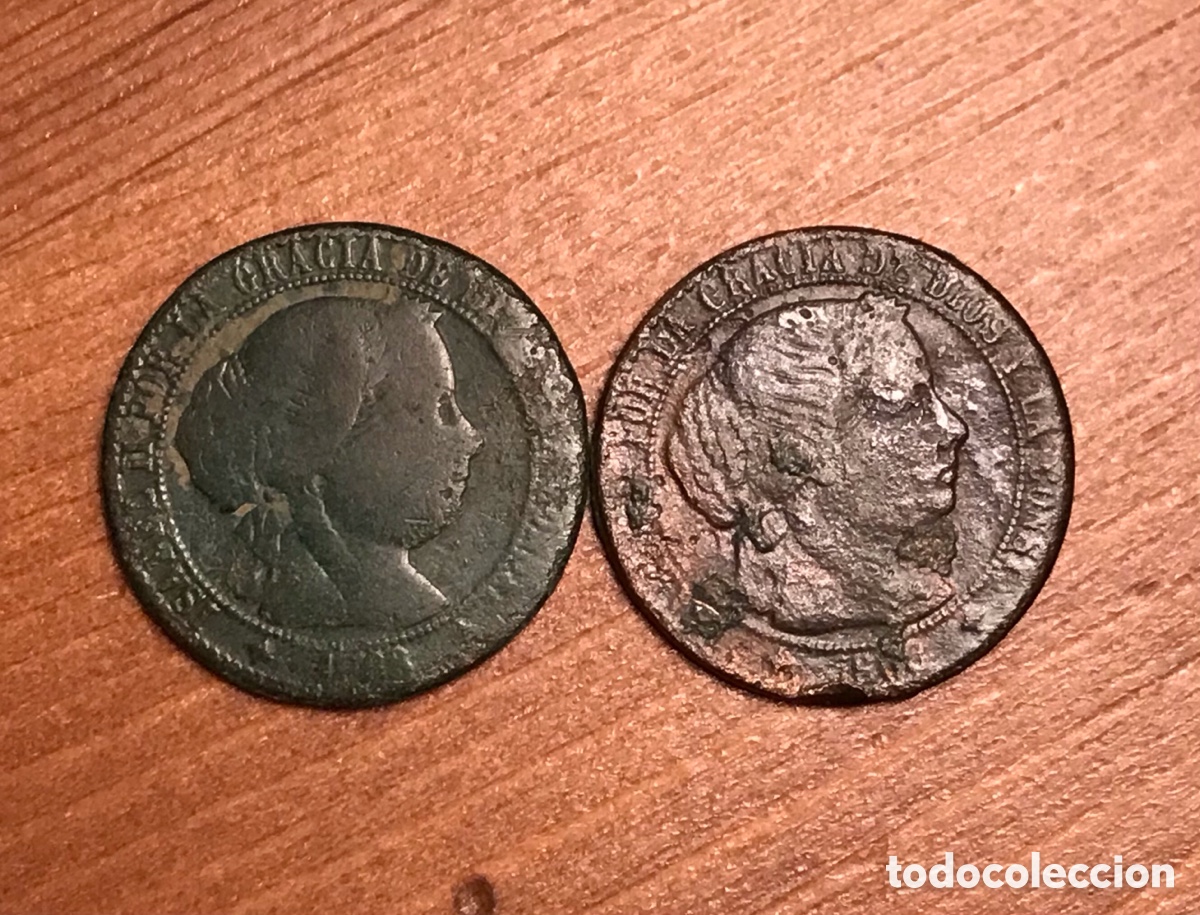 Monedas de Espa&ntilde;a: Moneda Isabel II. Un c&eacute;ntimo de escudo. Lote de 2. - Foto 1
