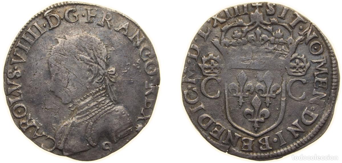 Coins of Spain: France Kingdom 1563 9 Teston - Charles IX Silver (.898) Rennes Mint (505541) 9.3g VF Dy royales 106