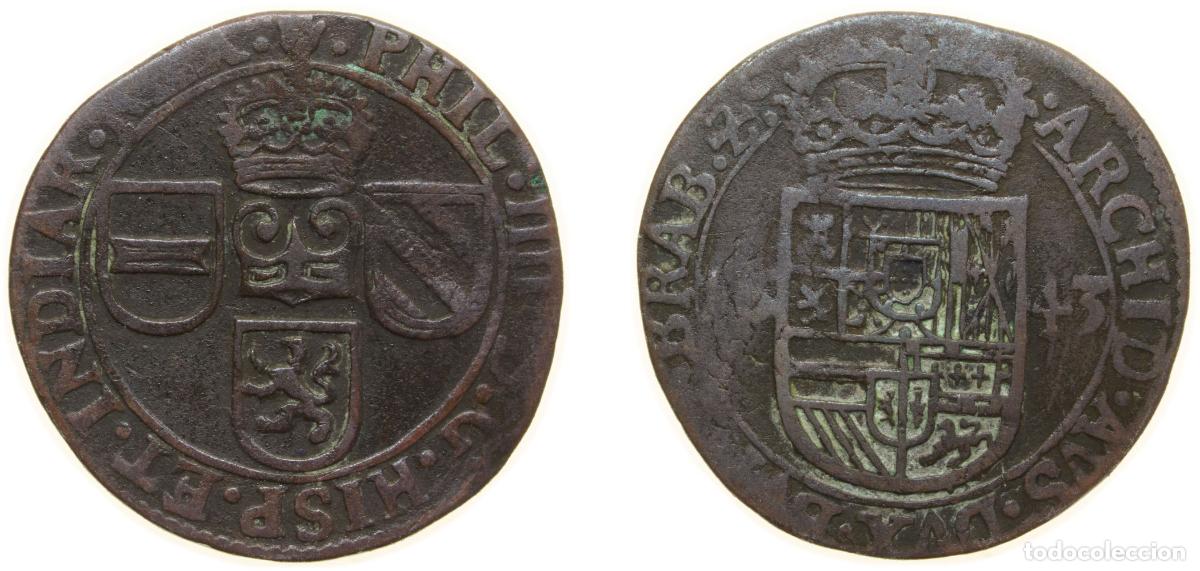 Coins of Spain: Low countries feudal Duchy of Brabant Spanish possession 1643 1 Liard - Philip IV Copper Antwerp Mi