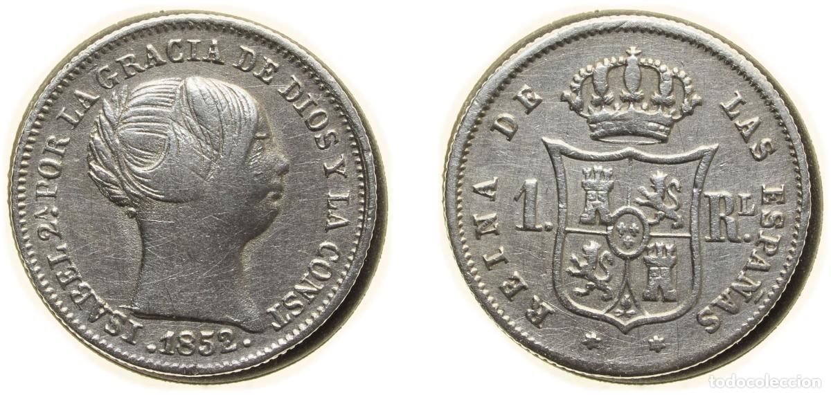 Coins of Spain: Spain Kingdom 1852 1 Real - Isabel II Silver (.900) Madrid Mint 1.3g XF Cleaned KM 598.2