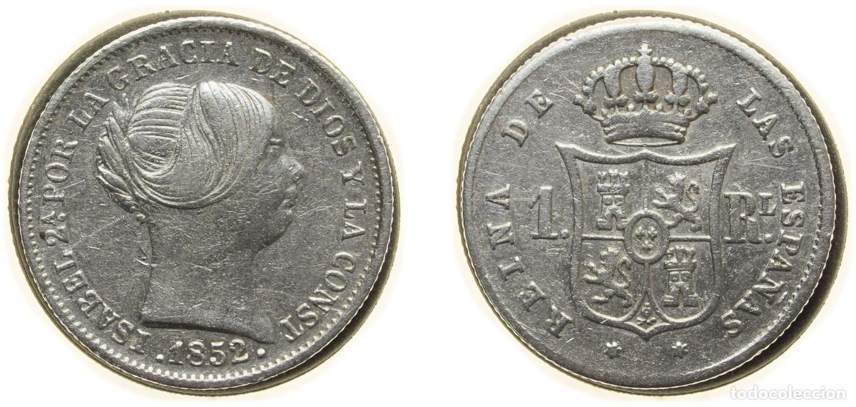 Coins of Spain: Spain Kingdom 1852 1 Real - Isabel II Silver (.900) Madrid Mint 1.3g XF KM 598.2 Cal 397