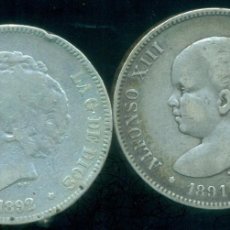 Monedas de España: ESPAÑA - LOTE 5 PESETAS DE PLATA ALFONSO XIII AÑO 1891 + 1892.