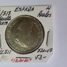 Monedas de España: 4 REALES DE PLATA DE 1818 SEVILLA XC 811 FERNANDO VII EN BC, PESA 13,30 GRS.