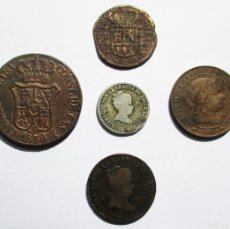 Monedas de España: FELIPE V E ISABEL II, 4 MONEDAS DE COBRE Y 1 DE PLATA, EN DIVERSAS CONSERVACIONES LOTE 4716