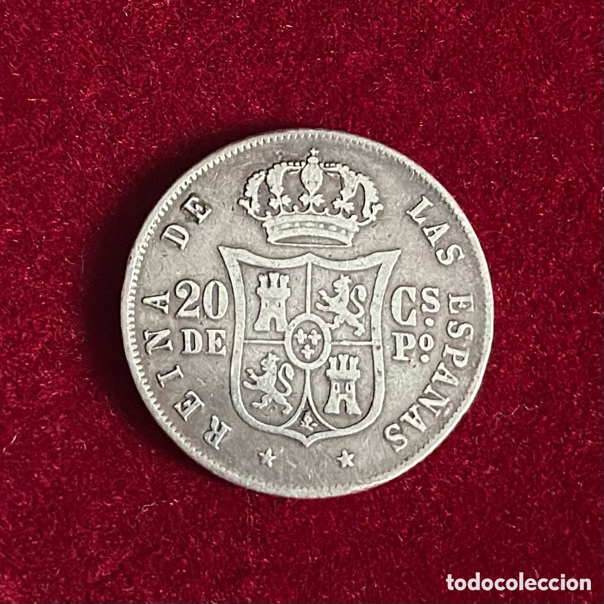 Monedas de Espa&ntilde;a: ESCASA 20 centavos 1865 Manila Isabel II - Foto 2