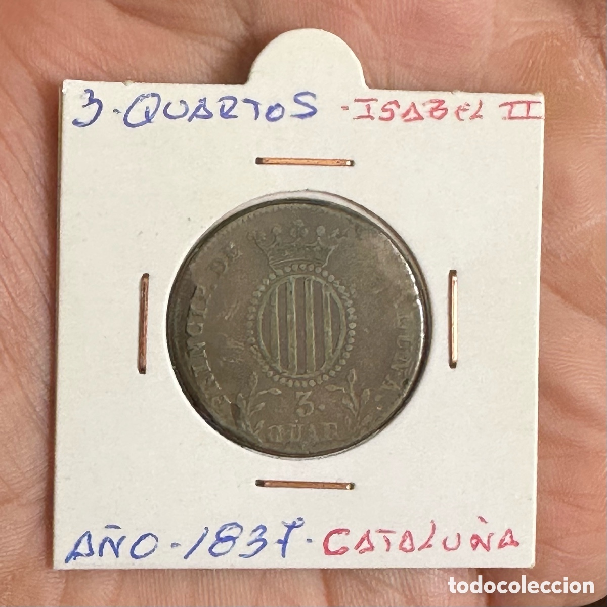 Monedas de Espa&ntilde;a: 1837. Isabel II. Barcelona. 3 cuartos - Foto 1