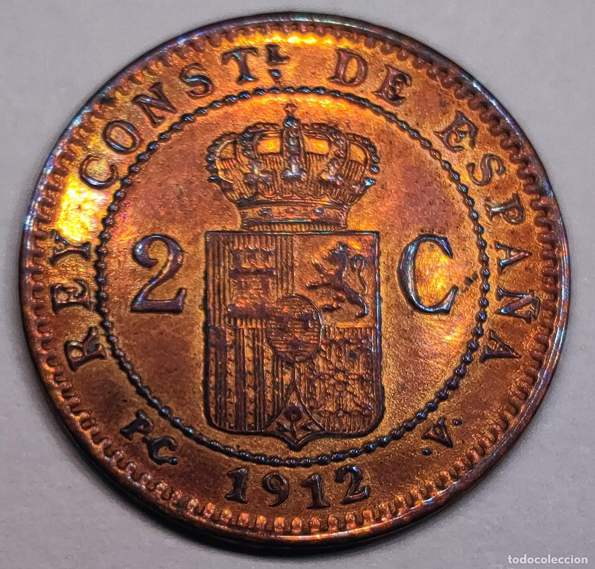 Monedas de Espa&ntilde;a: MONEDA ALFONSO XIII 2 CENTIMOS 1912 PCV, EBC - Foto 2