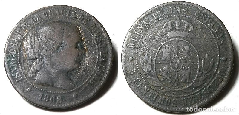 Monedas de Espa&ntilde;a: Moneda de ISABEL II 5 CENTIMOS DE ESCUDO 1868 - Foto 1