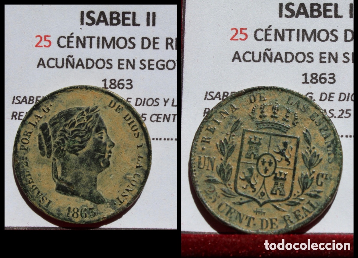 Monedas de Espa&ntilde;a: Moneda 25 c&eacute;ntimos de Escudo Isabel II 1863 - Foto 1