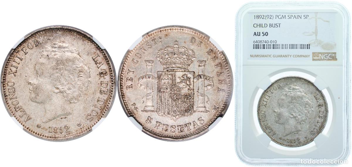 M&uuml;nzen von Spanien: Spain Kingdom 1892 *18-92 PGM 5 Pesetas - Alfonso XIII (2nd portrait) Silver (.900) Madrid Mint (70