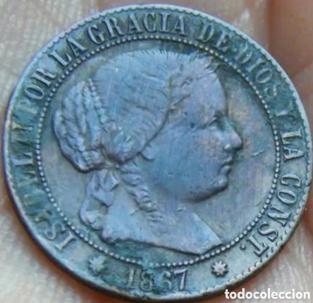 Monedas de Espa&ntilde;a: Moneda Espa&ntilde;a,Isabel II,1.867, 1 Centimo, BC+. - Foto 3