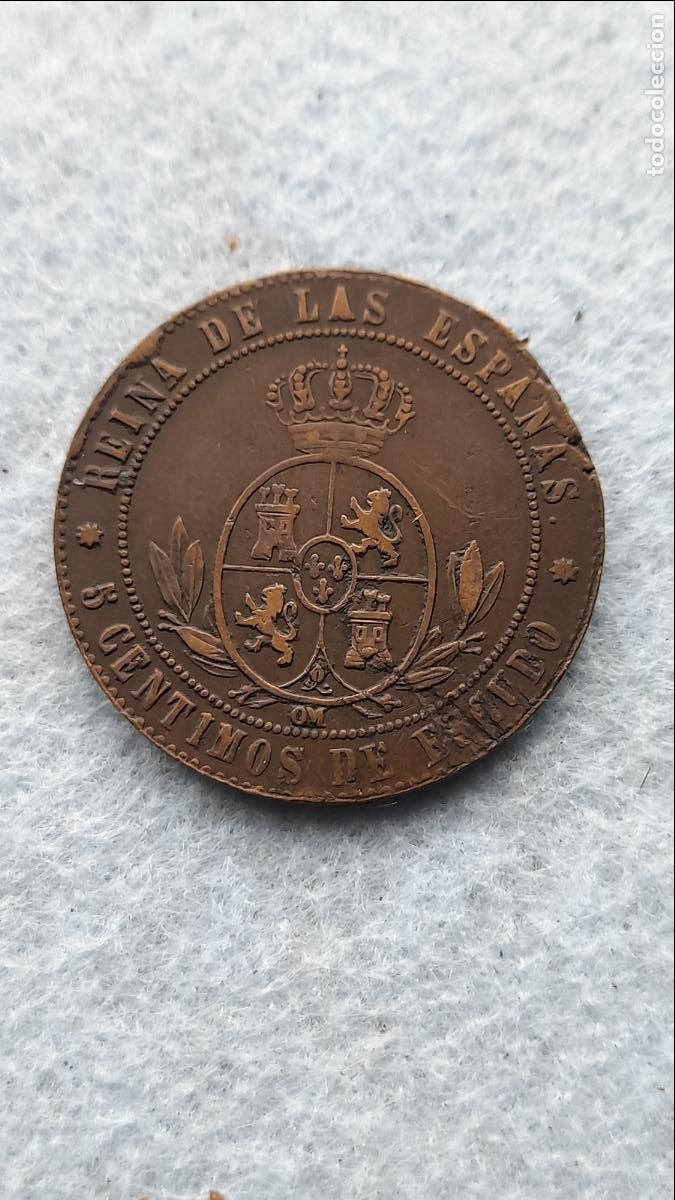 Monedas de Espa&ntilde;a: Isabel II. 5 c&eacute;ntimos. A&ntilde;o 1867. Ceca de Barcelona. - Foto 2