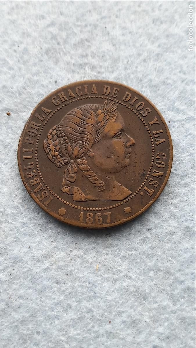 Monedas de Espa&ntilde;a: Isabel II. 5 c&eacute;ntimos. A&ntilde;o 1867. Ceca de Barcelona. - Foto 1