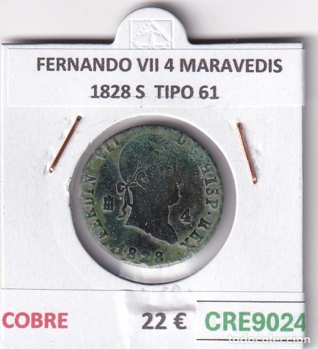 Monnaies d'Espagne: CRE9024 MONEDA ESPA&Ntilde;A FERNANDO VII 4 MARAVEDIS 1828 S TIPO 61 COBRE