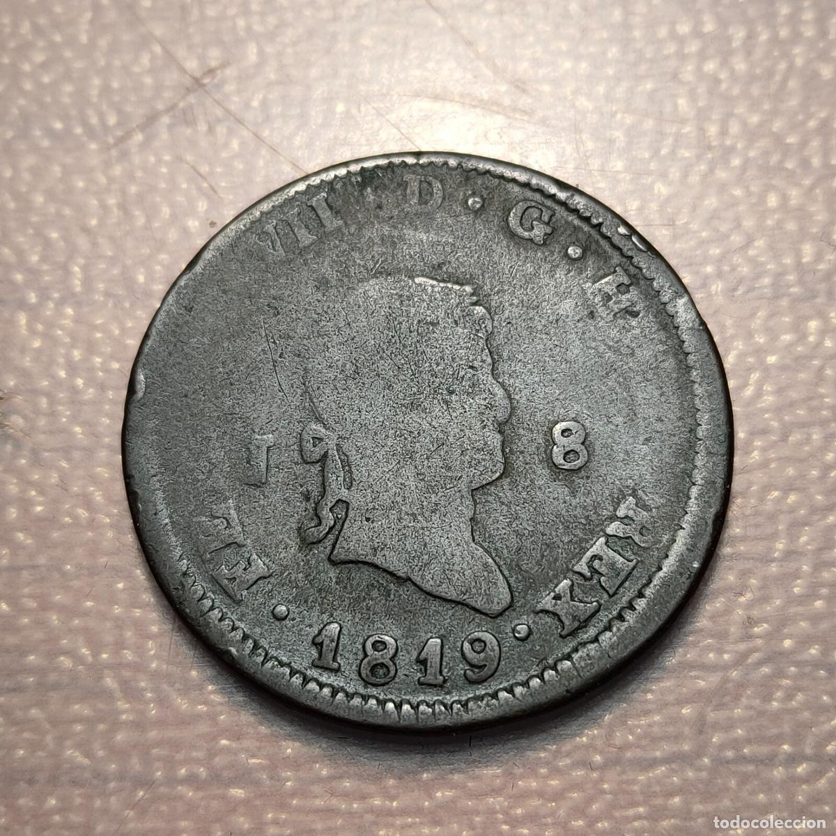Coins of Spain: ESPA&Ntilde;A JUBIA FERNANDO VII 8 MARAVEDIS 1819 ERROR DE ACU&Ntilde;ACION