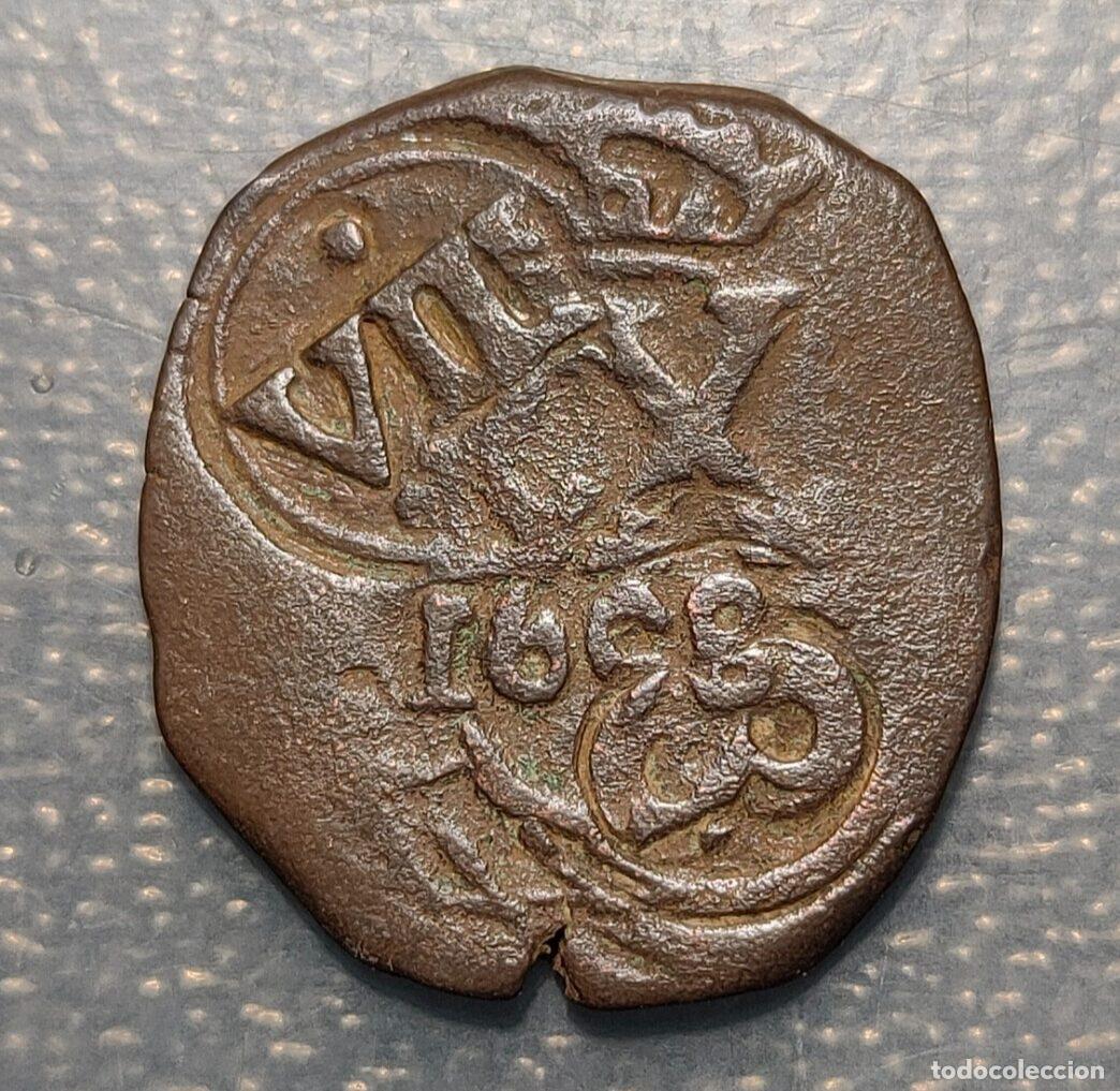Coins of Spain: ESPA&Ntilde;A FELIPE IV RESELLO VIII MARAVEDIS 1641, MONOGRAMA 1658 CORU&Ntilde;A SOBRE 4 MR