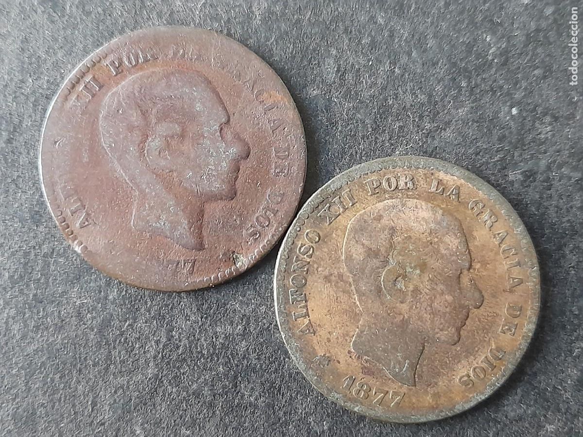 Monedas de Espa&ntilde;a: Una moneda Espa&ntilde;a 5 Centimos 1877 &rdquo;Perra Chica&rdquo; KM 674 periodo Rey Alfonso XII B, 2 monedas a elegir