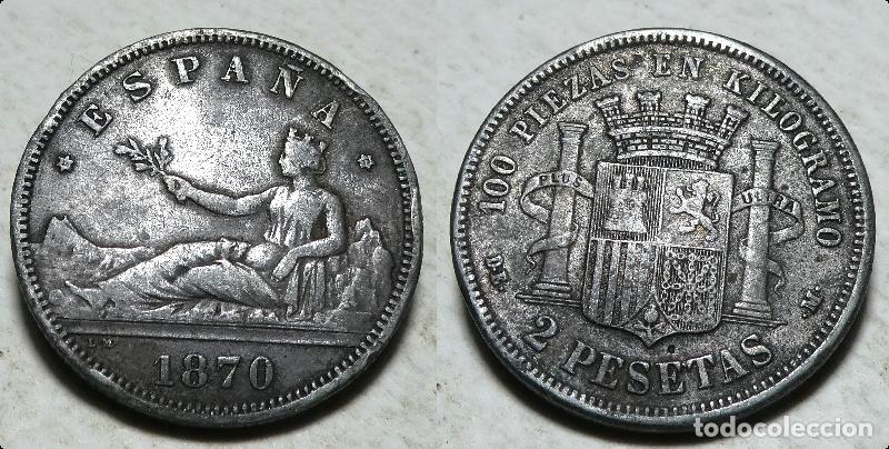 Monedas de Espa&ntilde;a: Moneda de 2 Pesetas 1870, falsa de &egrave;poca - Foto 1