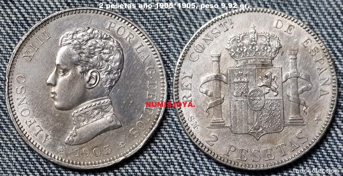 Coins of Spain: 2 pesetas Plata de Alfonso XIII a&ntilde;o 1905*1905. Peso actual 9,92 gr. BONITA. En EBC.