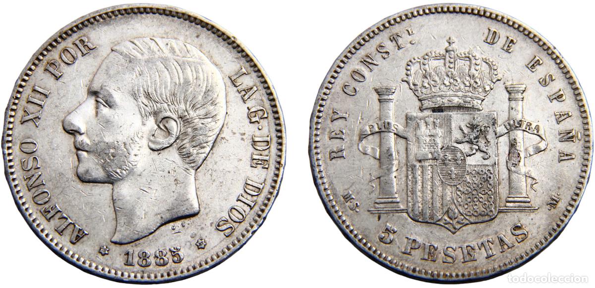 Moedas de Espanha: Spain Kingdom Alfonso XII 1885 *18-87 MSM 5 Pesetas 3rd portrait