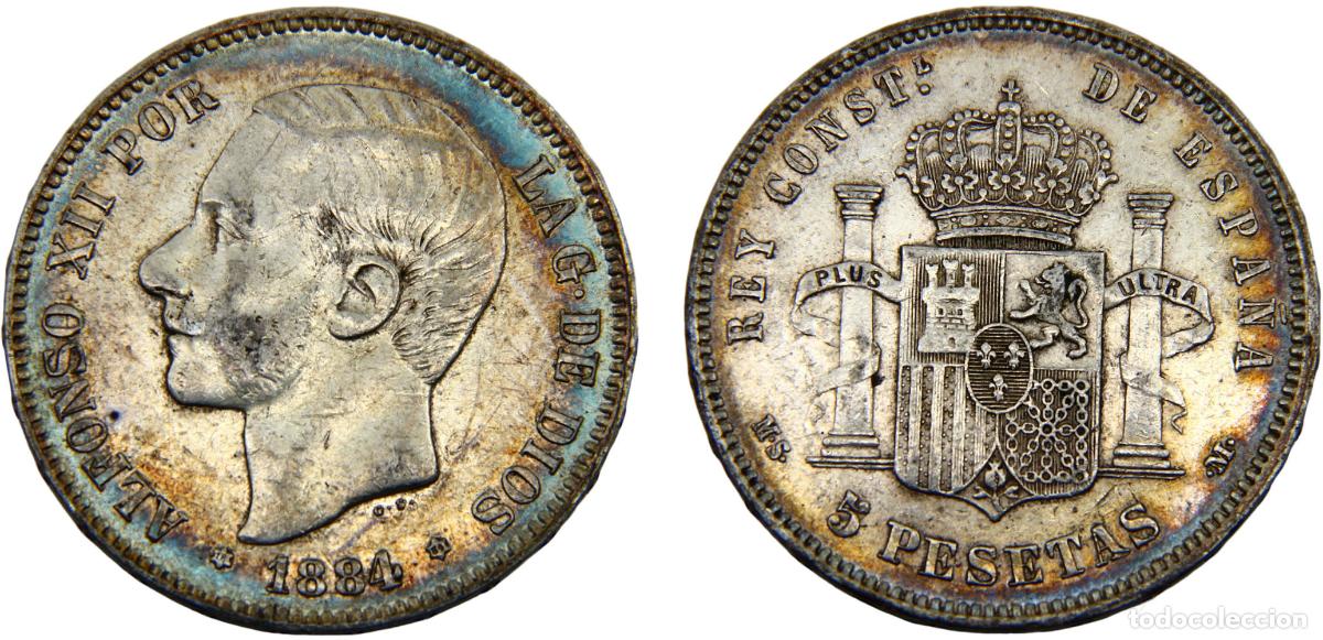 M&uuml;nzen von Spanien: Spain Kingdom Alfonso XII 1884 *18-84 MSM 5 Pesetas 3rd portrait