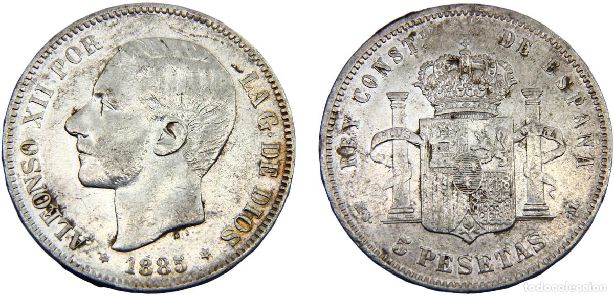 Coins of Spain: Spain Kingdom Alfonso XII 1885 *18-85 MSM 5 Pesetas 3rd portrait