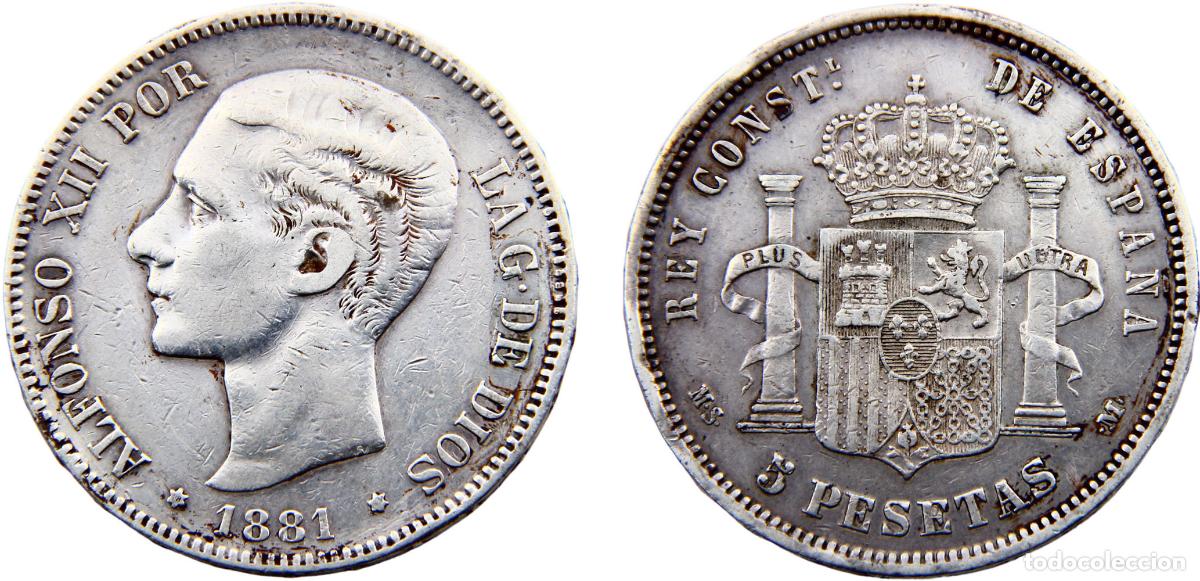 M&uuml;nzen von Spanien: Spain Kingdom Alfonso XII 1881 *18-81 MSM 5 Pesetas 2nd portrait