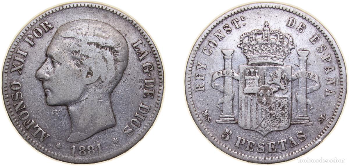 M&uuml;nzen von Spanien: Spain Kingdom 1881 MSM 5 Pesetas - Alfonso XII (2nd portrait) Silver (.900) Madrid Mint (699000) 25