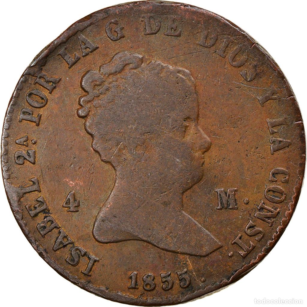 Coins of Spain: [#897322] Moneda, Espa&ntilde;a, Isabel II, 4 maravedis, 1855, Barcelona, BC+, Cobre, KM:530.1
