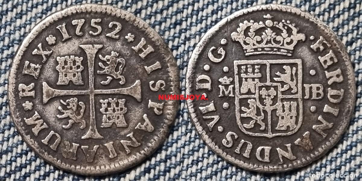 Moedas de Espanha: Fernando VI a&ntilde;o 1752 JB. Medio Real Plata Madrid. Peso 1,42 gr. Di&aacute;metro 16 mm. BONITA.
