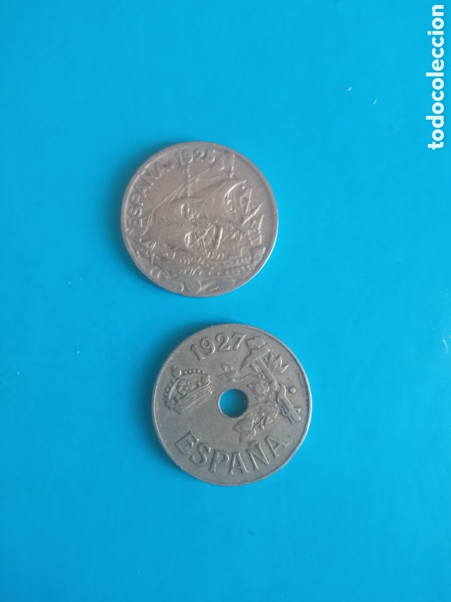 Monedas de Espa&ntilde;a: Dos monedas de 25 c&eacute;ntimos de 1925 y 1927 de Espa&ntilde;a