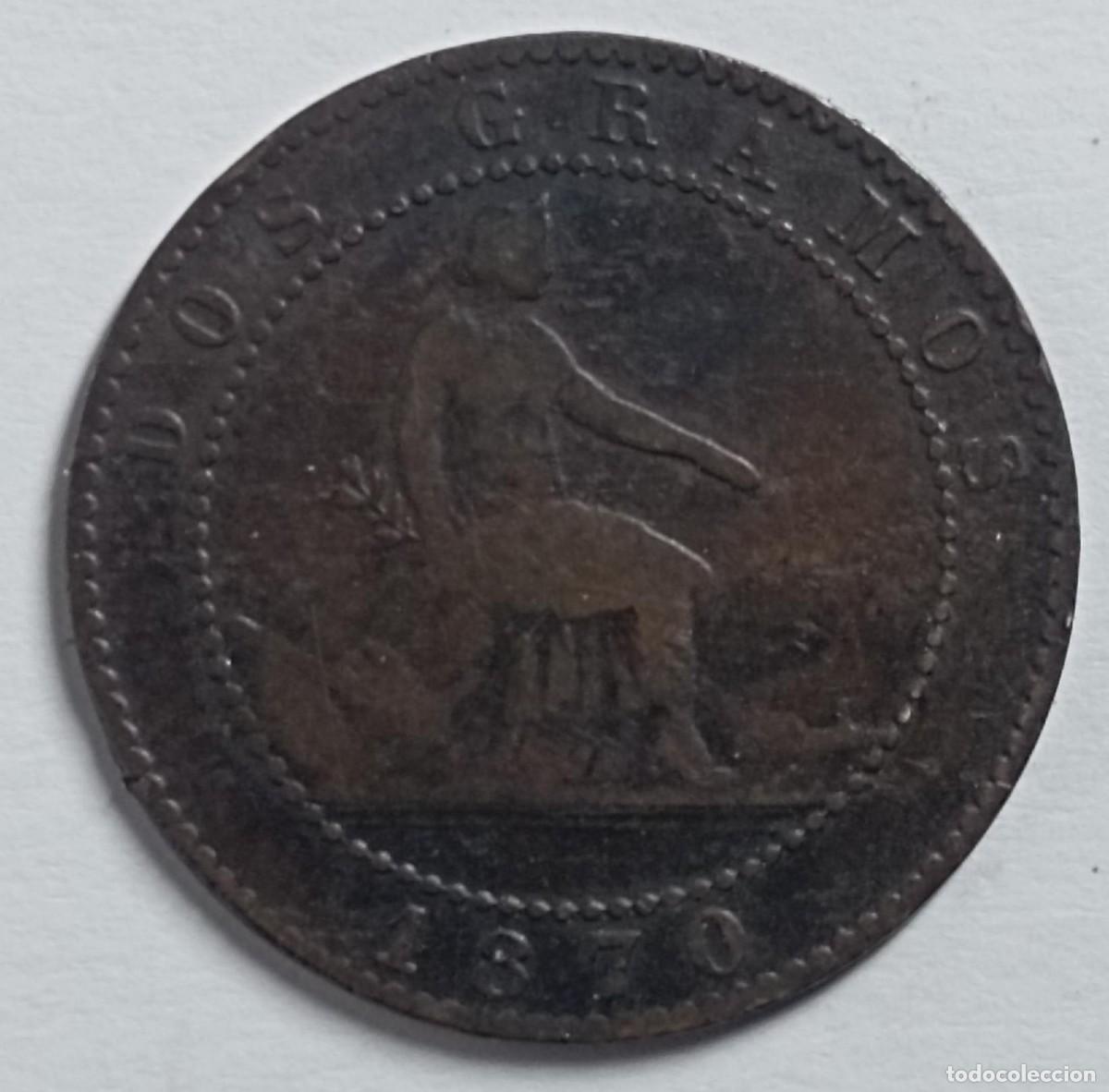 Monedas de Espa&ntilde;a: Moneda de Espa&ntilde;a dos c&eacute;ntimos Gobierno Provisional de 1870 - Foto 2