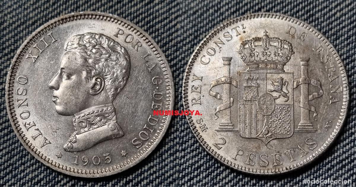 M&uuml;nzen von Spanien: 2 pesetas Plata de Alfonso XIII a&ntilde;o 1905*1905. Peso 9,94 gr. BRILLO ORIGINAL.
