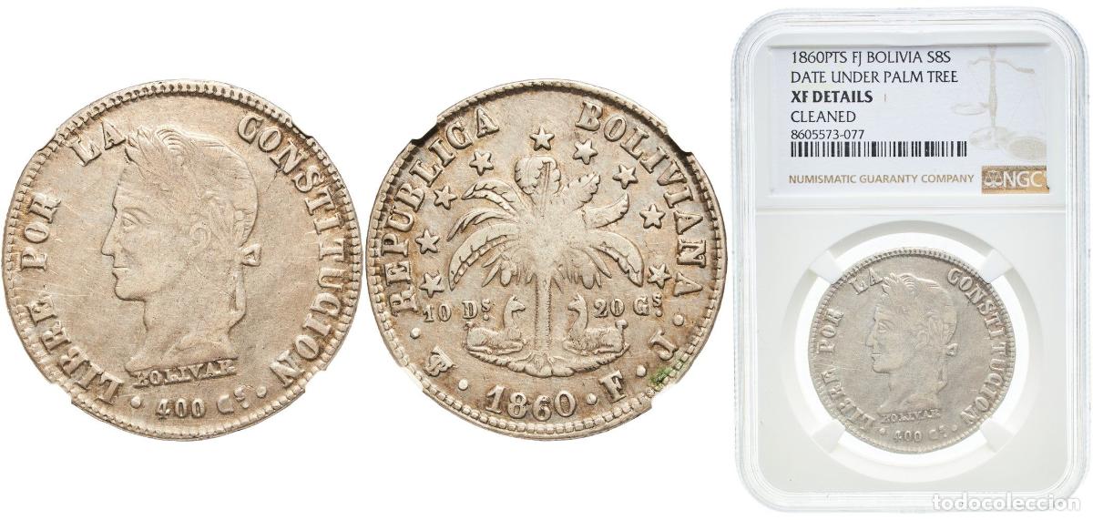 Monedas de Espa&ntilde;a: Bolivia Republic 1860 PTS FJ 8 Soles Silver (.903) Potosi Mint 20g NGC XF Cleaned KM 138