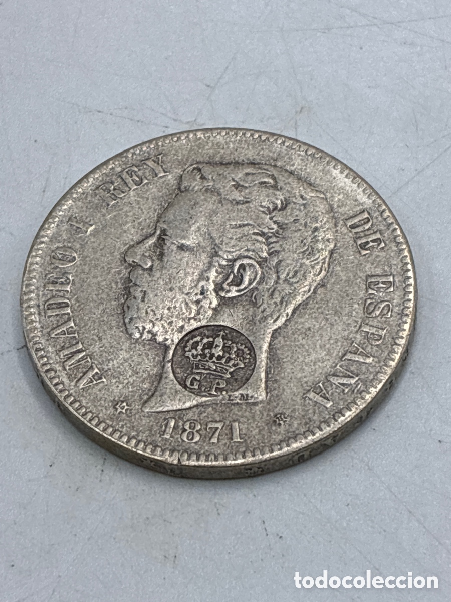 Monedas de Espa&ntilde;a: Moneda Amadeo I Rey de Espa&ntilde;a. Cinco Pesetas. 1871. Plata de Ley 900.