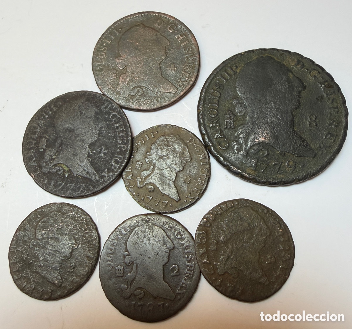 Monedas de Espa&ntilde;a: Lote de 7 piezas 8,4,2 Maraved&iacute;s Carlos III