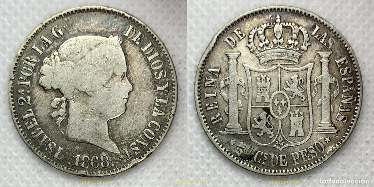 Monedas de Espa&ntilde;a: 3124 ESPA&Ntilde;A 1868 ISABEL II 1868 50 CENTIMOS DE PESO MANILA