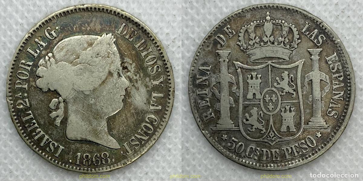 Monnaies d'Espagne: 3136 ESPA&Ntilde;A 1868 ISABEL II 1868 50 CENTIMOS DE PESO MANILA
