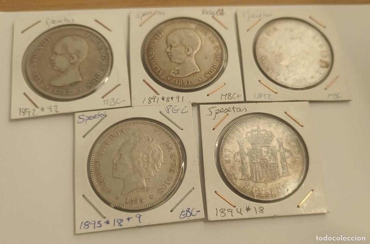 Monedas de Espa&ntilde;a: Lote. Colecci&oacute;n. Plata. 9 duros (5 pesetas), 3 de 2 pesetas, 7 de 1 peseta. Todas diferentes.