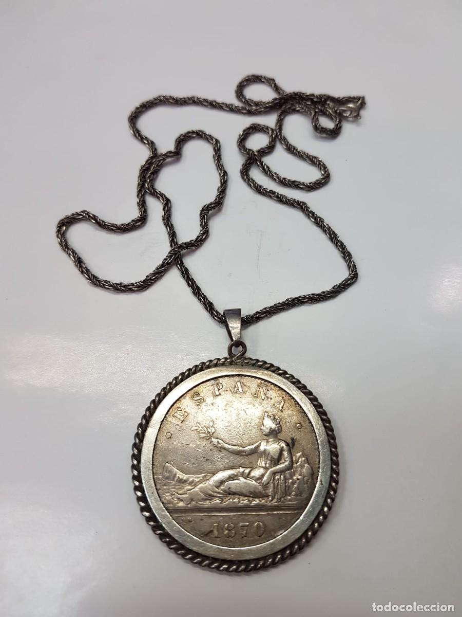 Monedas de Espa&ntilde;a: ESPA&Ntilde;A-GOBIERNO PROVISIONAL-5 PESETAS-1870-ENGARZADA-CON CADENA DE PLATA