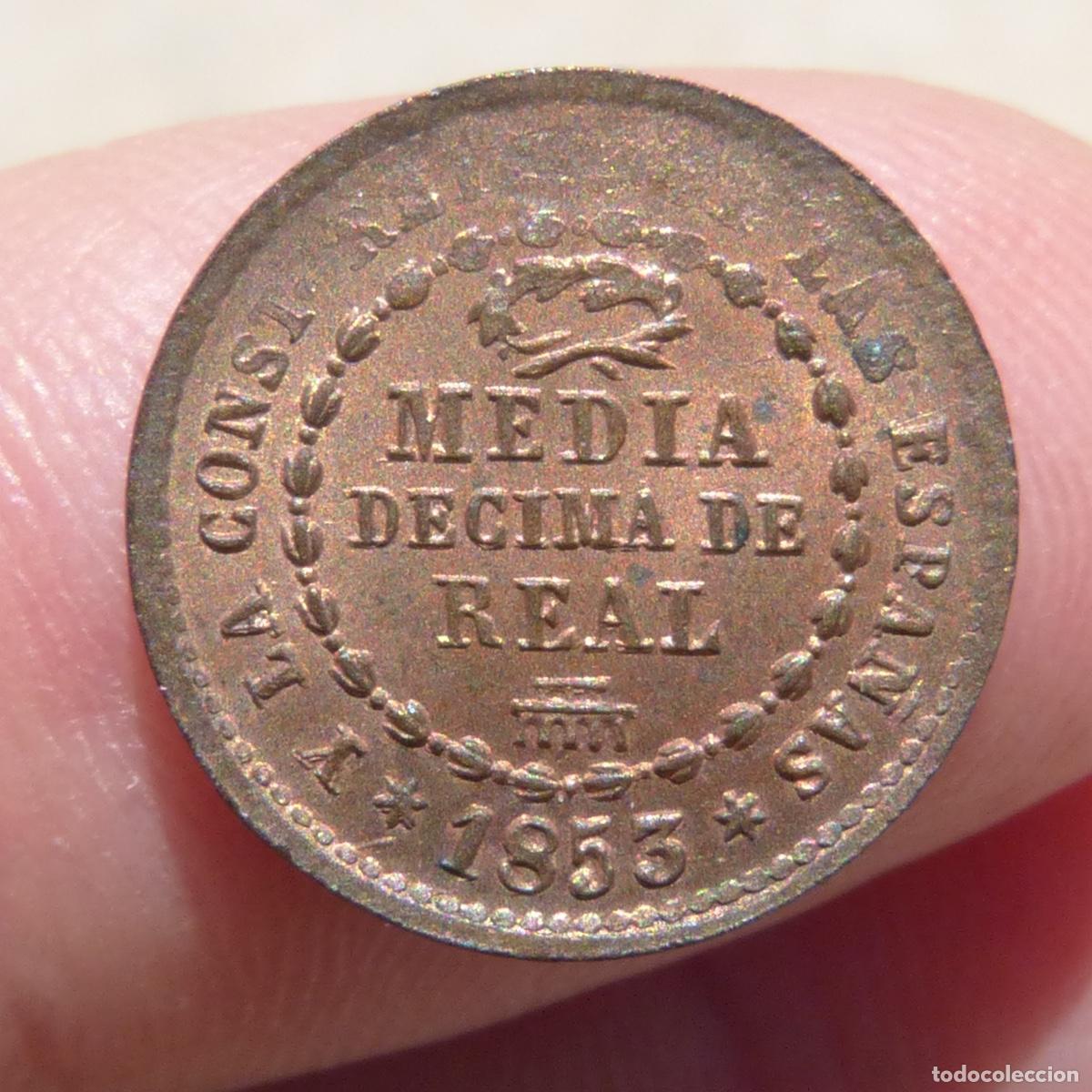 Monedas de Espa&ntilde;a: Media decima de real, Isabel II, 1853 , segovia. Restos de brillo original. 1,78gr.