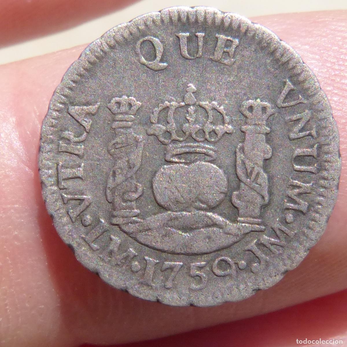 Monedas de Espa&ntilde;a: Medio real 1759, Fernando VI, Lima. 1,57gr.