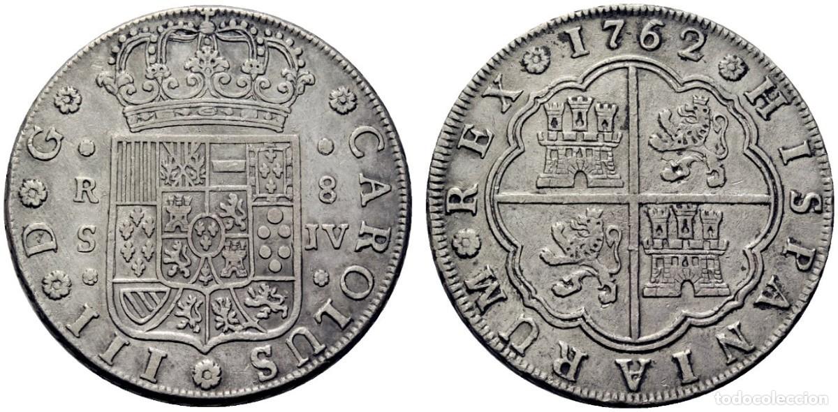 Monedas de Espa&ntilde;a: CARLOS III 8 REALES PLATA 1762 SEVILLA JV MUY RARA