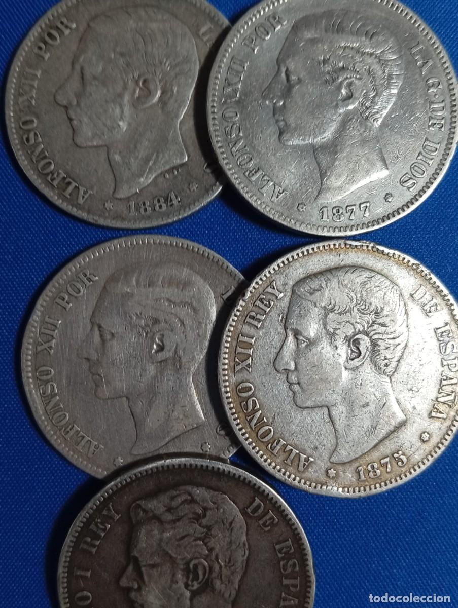 Monedas de Espa&ntilde;a: 5 Monedas de plata 5 ptas Alfoso XII 1871-75-77-78-84