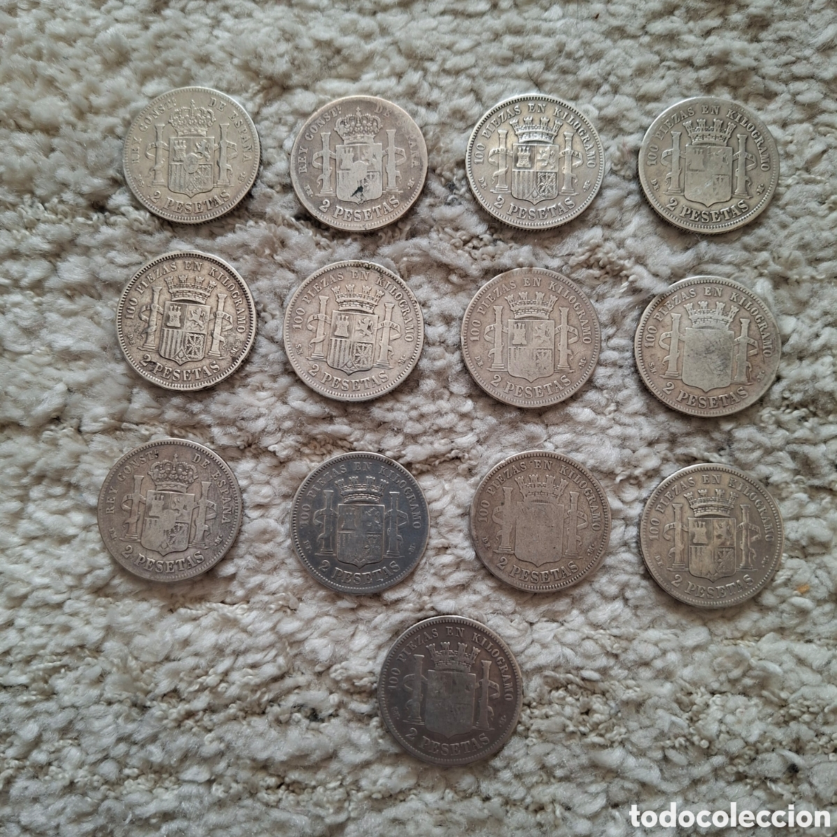 Monedas de Espa&ntilde;a: 13 monedas de plata de dos pesetas. Alfonso XII, 1&ordf; rep&uacute;blica 1873. Peso125 gramos. Detalles fotos.