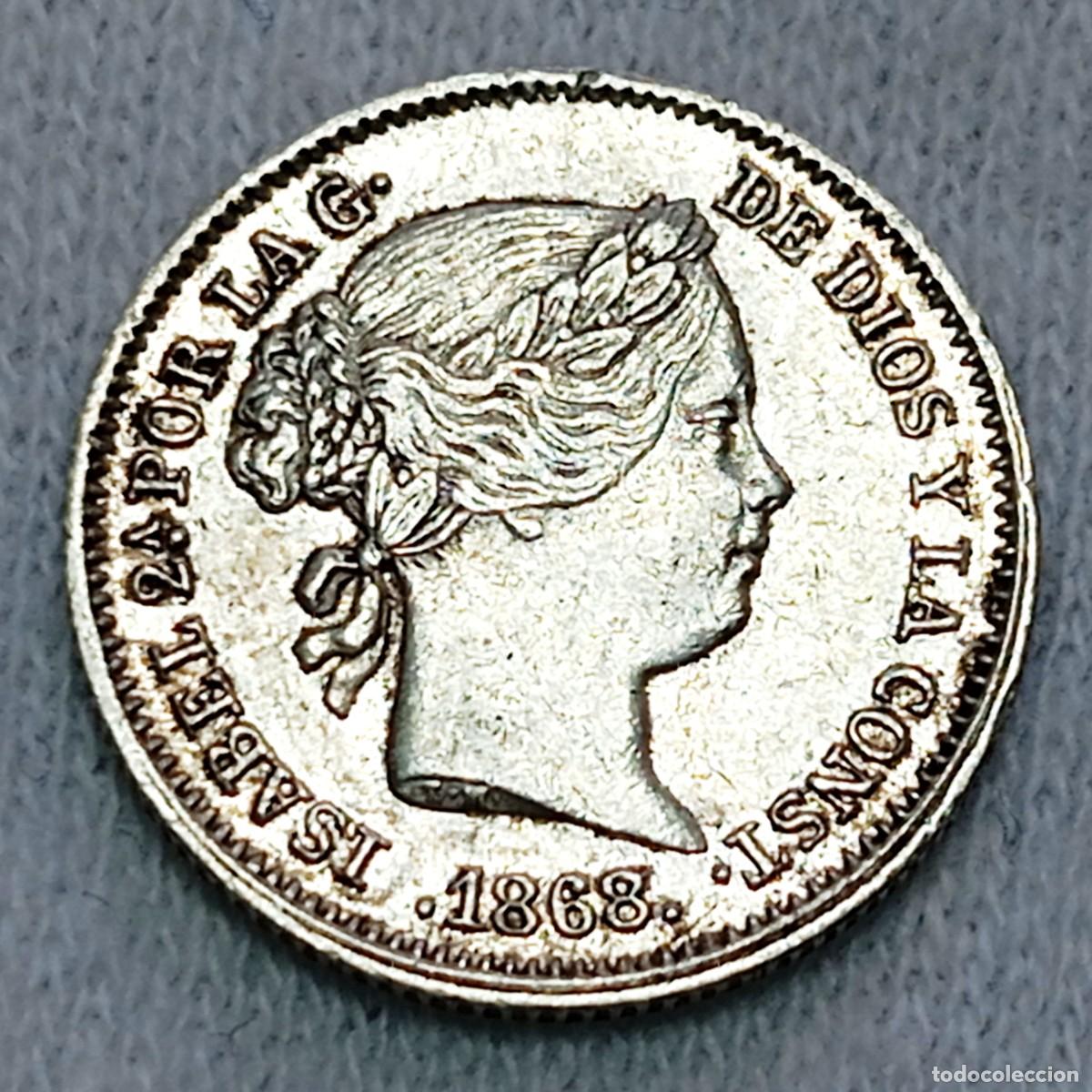 Monedas de Espa&ntilde;a: ⚜️ BBD6 2. Plata. Escasa. Espa&ntilde;a. Isabel II. Madrid. 10 c&eacute;ntimos de escudo 1868 *68. 1,32 g